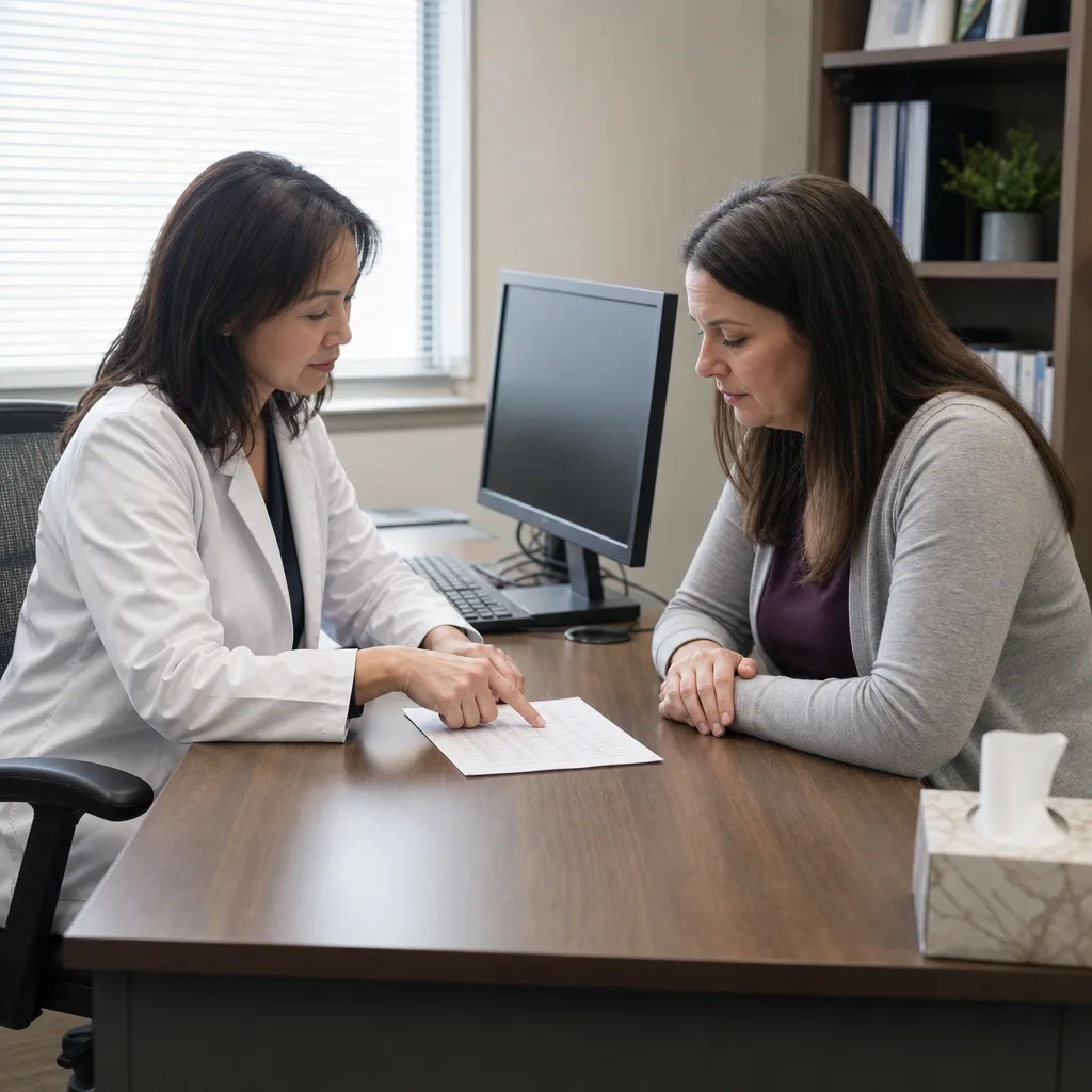 Physician reviewing printed lab results with a patient at a desk during an unhurried annual wellness exam in Greenwood