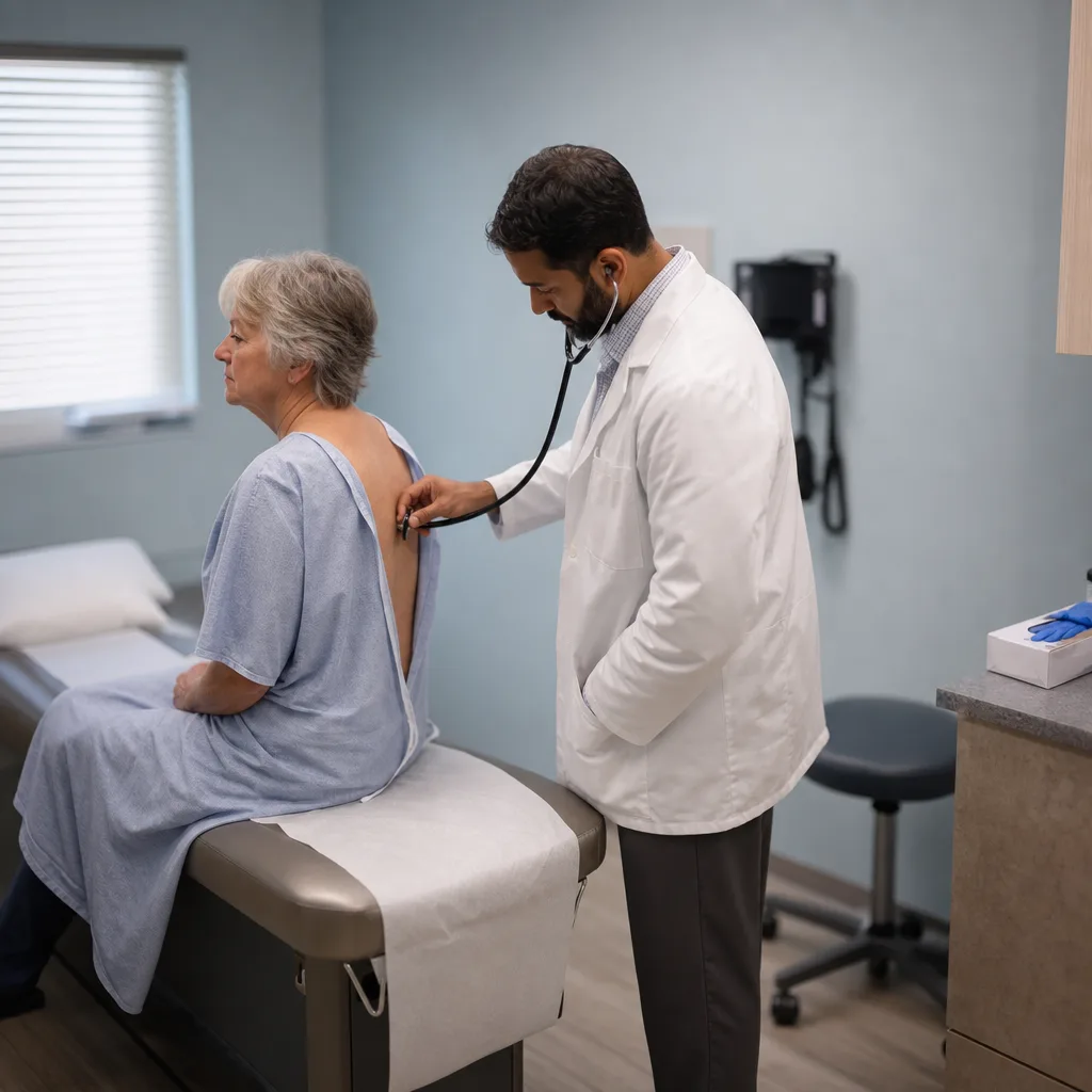 Physician listening to a patient's back with a stethoscope during an annual wellness exam in Greenwood