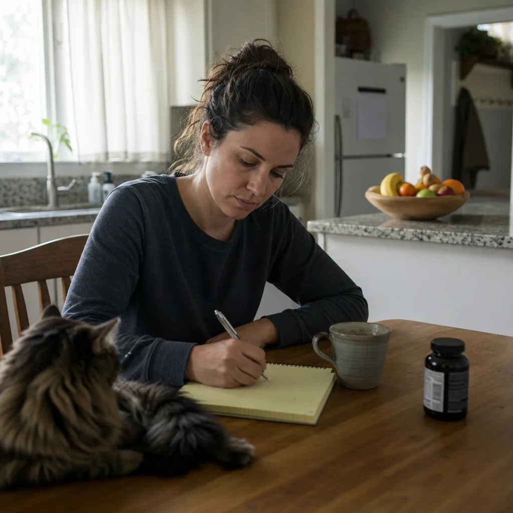 Woman writing notes and questions at her kitchen table to prepare for an annual wellness exam in Greenwood