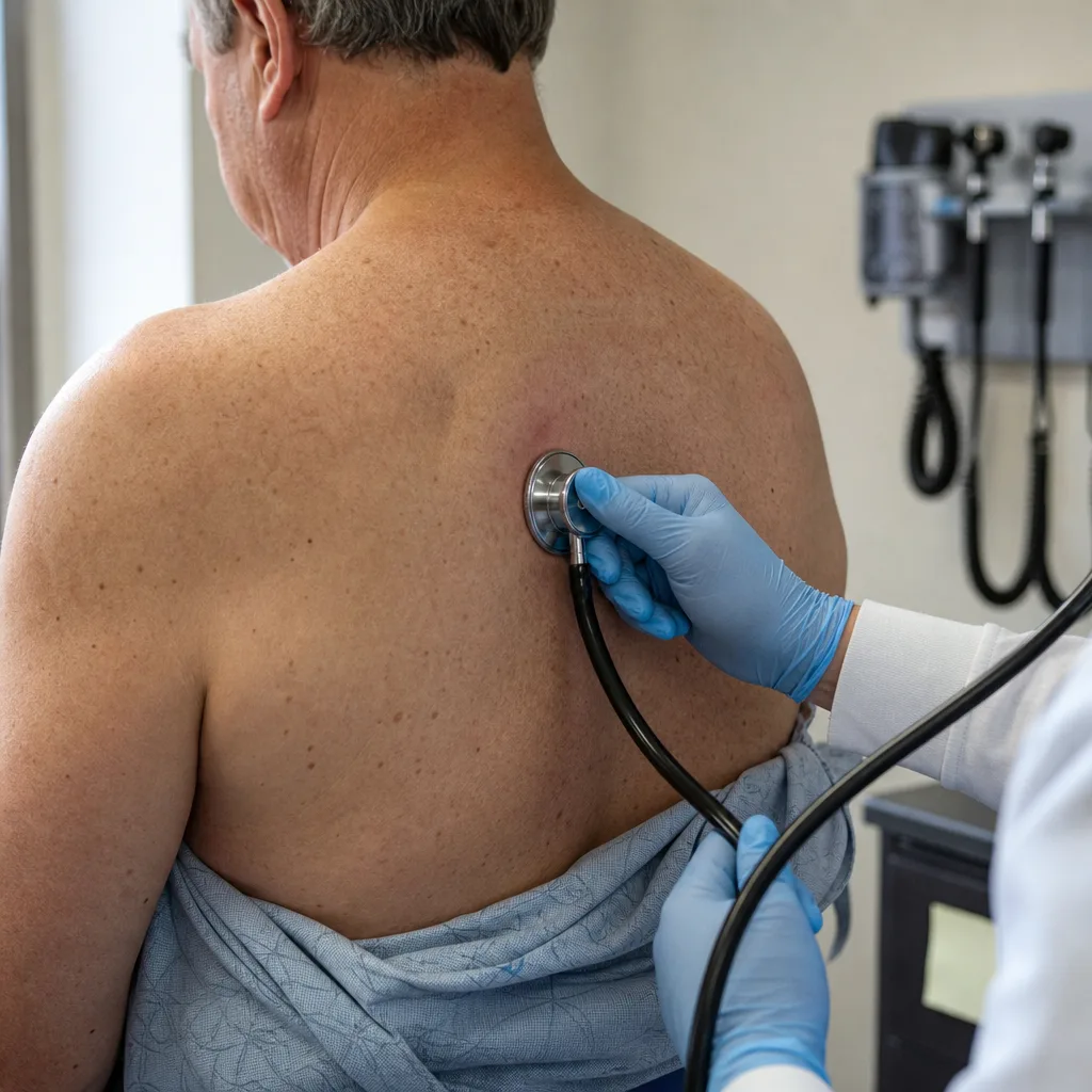 Close-up of a gloved hand holding a stethoscope against a patient's back during the hands-on part of a physical exam in Greenwood