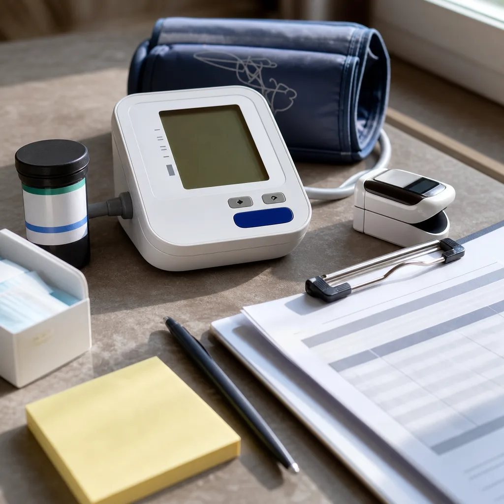 Blood pressure monitor and cuff, pulse oximeter, and chart clipboard on a desk used for chronic condition monitoring in Greenwood