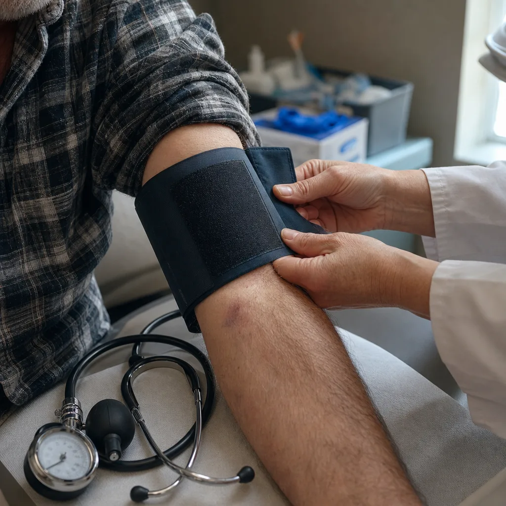 Physician placing a blood pressure cuff on a patient's arm during a chronic disease management visit in Greenwood
