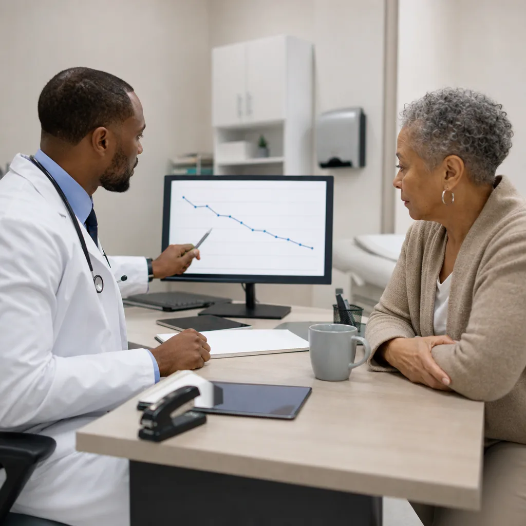 Physician pointing to a glucose trend chart on a monitor while reviewing results with a patient in Greenwood