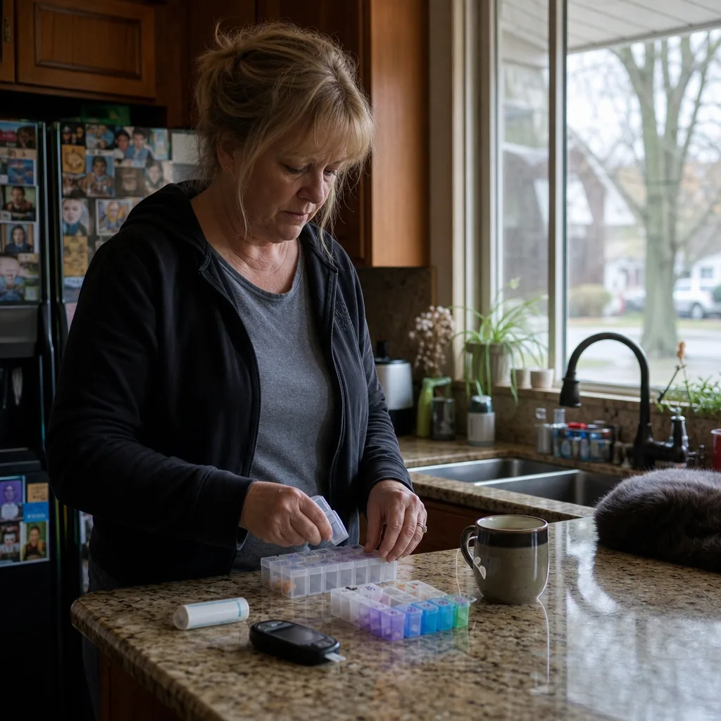 Woman filling a weekly pill organizer at her kitchen counter next to a glucose meter as part of her daily medication routine in Greenwood