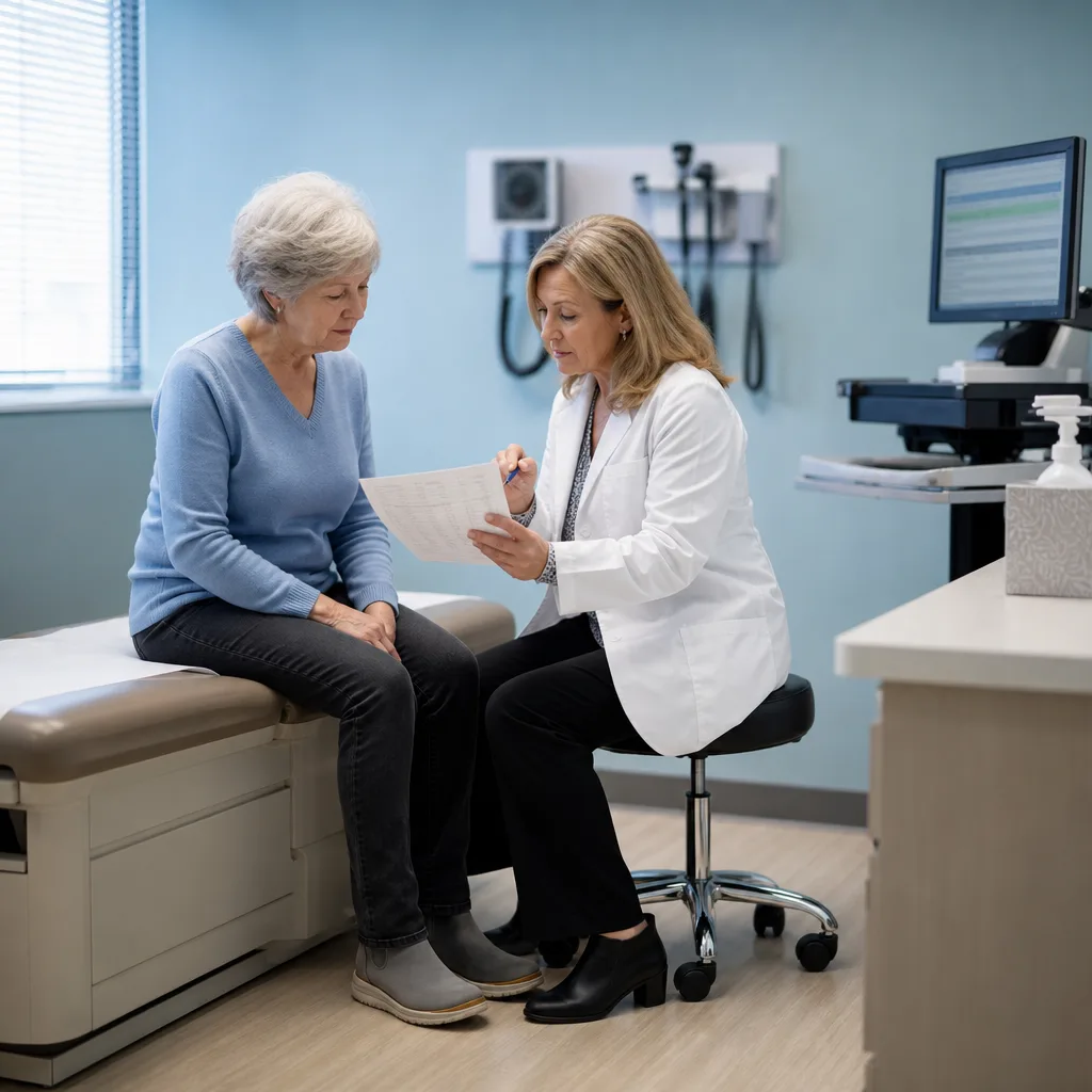 Physician reviewing a printed lab report with a patient seated on an exam table in Greenwood