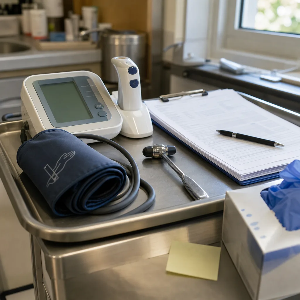 Blood pressure monitor, cuff, reflex hammer, and paperwork clipboard on an exam cart at a family practice physician office in Greenwood