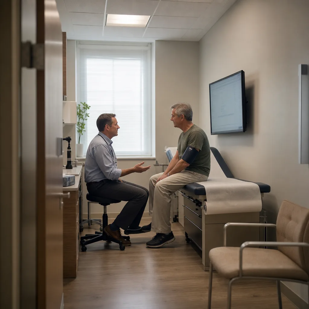 Family practice physician talking with a patient in an exam room during a primary care visit in Greenwood