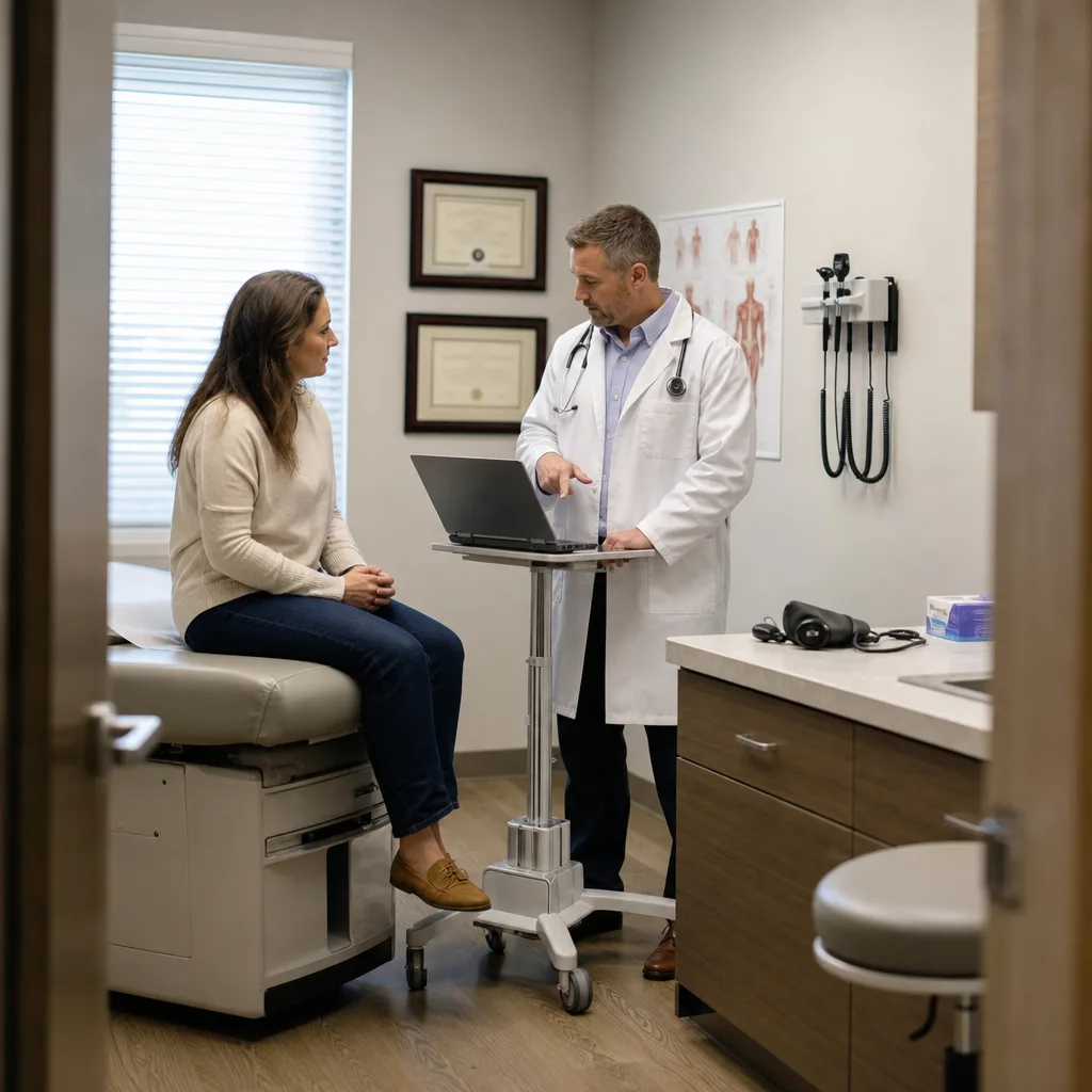 General practitioner standing at a laptop cart reviewing information with a seated patient in an exam room in Greenwood