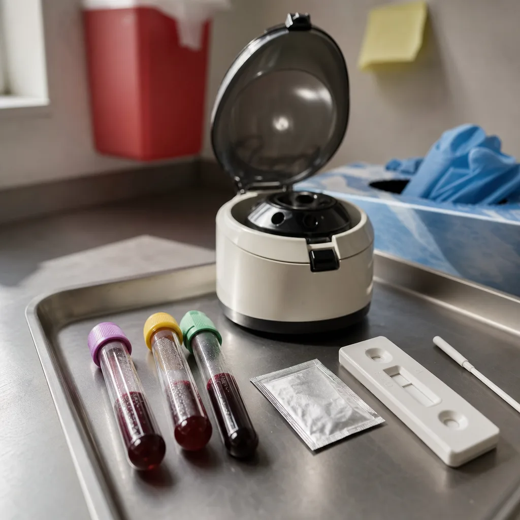 Blood sample tubes, a benchtop centrifuge, and a rapid test cassette on a tray in a medical office in Greenwood