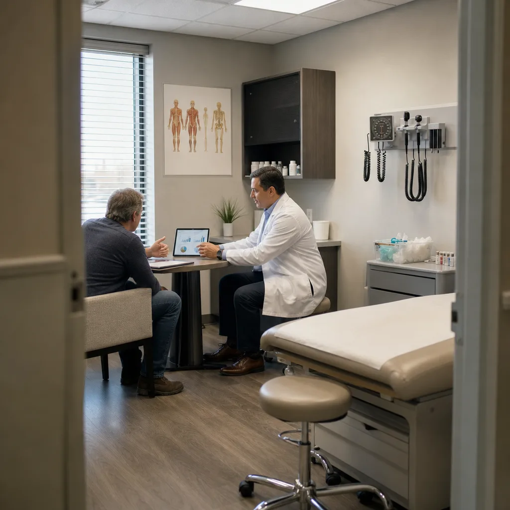 Physician reviewing health data on a tablet with a patient during a comprehensive health evaluation in an exam room in Greenwood