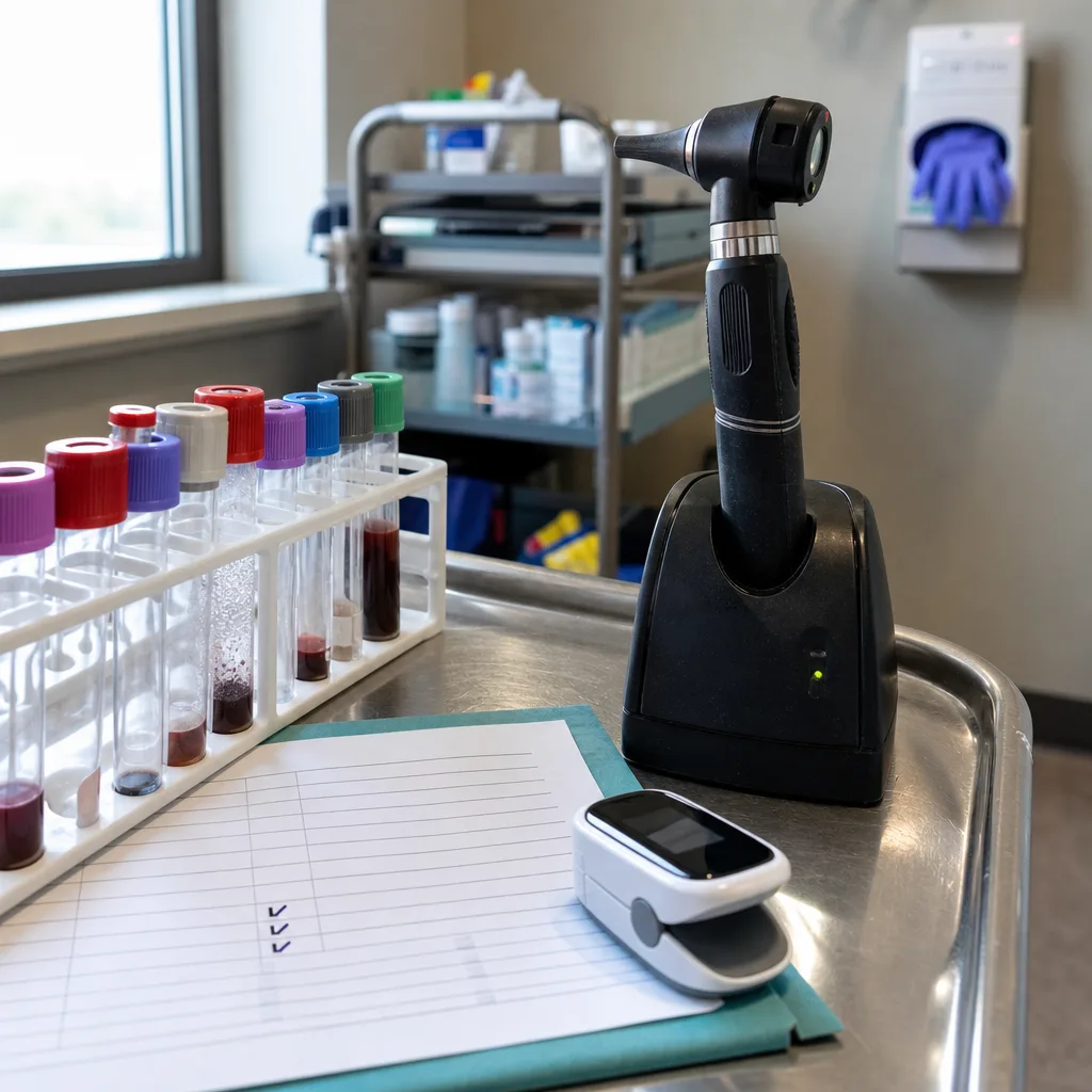 Rack of blood sample tubes, an otoscope, a pulse oximeter, and a checklist on an exam cart used for advanced lab testing in Greenwood