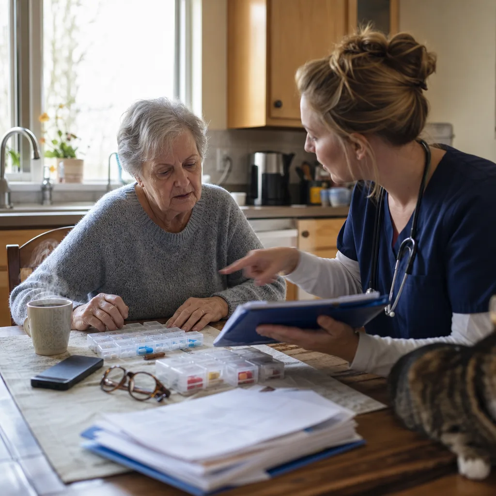 Healthcare provider reviewing discharge paperwork and a weekly pill organizer with an older woman at her kitchen table during transitional care after a hospital stay in Greenwood