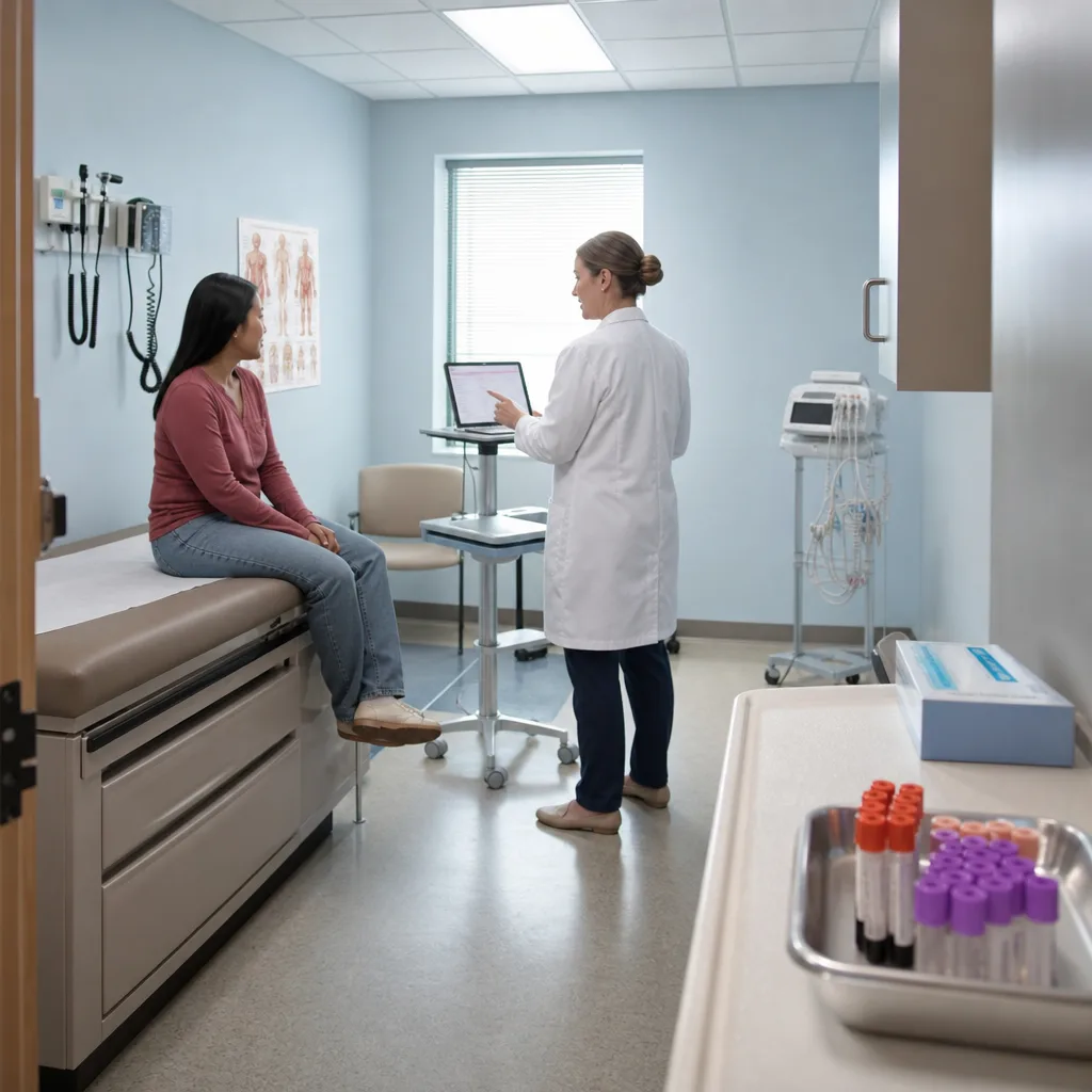 Clinician reviewing information on a laptop with a patient seated on an exam table during a hormone replacement therapy evaluation in Greenwood