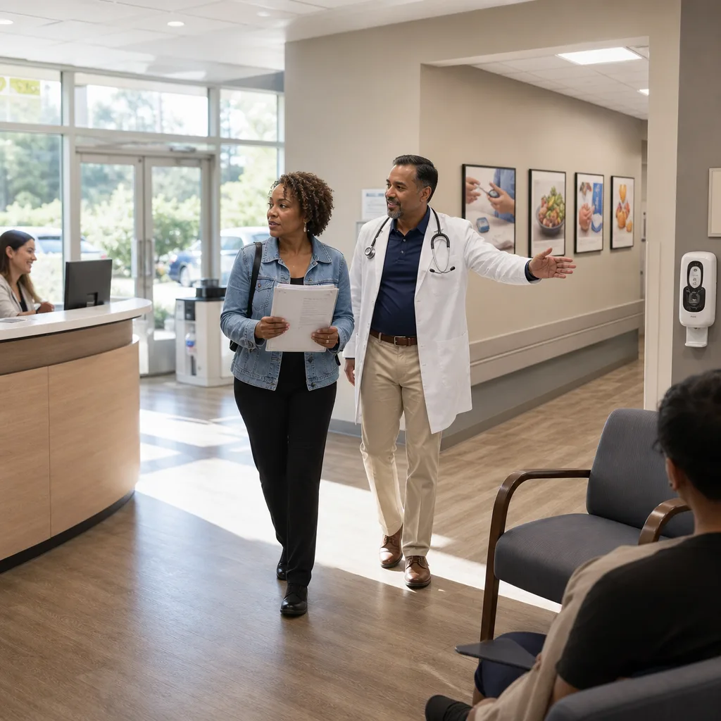 Physician walking with a patient who is holding paperwork through the lobby of a medical office in Greenwood after a follow-up visit