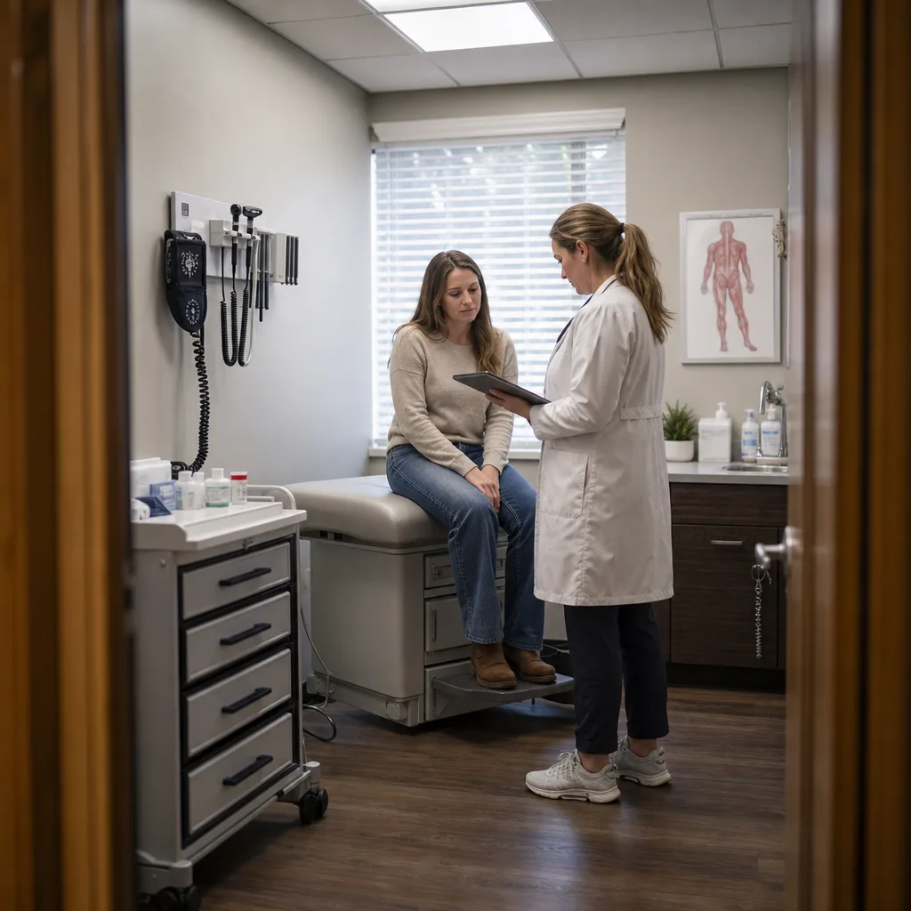 Clinician reviewing information on a tablet with a patient seated on an exam table during a private testing consultation at a medical clinic in Greenwood
