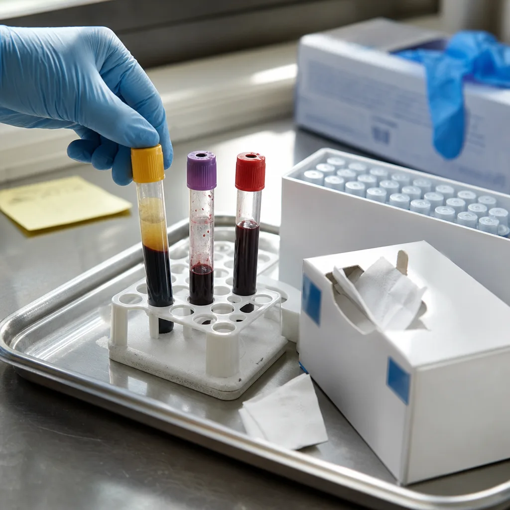Gloved hand holding blood collection tubes above a tube rack on a tray for blood work at a medical clinic in Greenwood