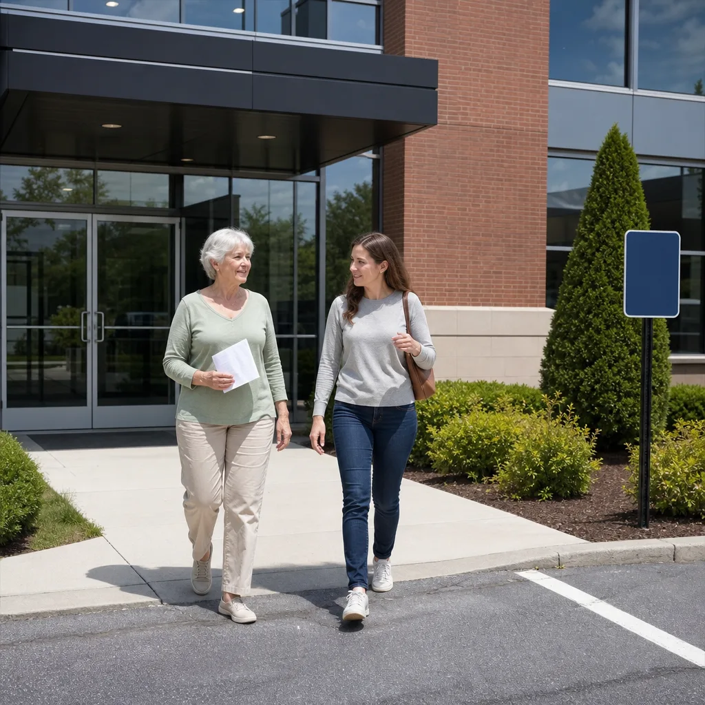 Two women walking out of a medical clinic building after a visit, one holding paperwork, in Greenwood