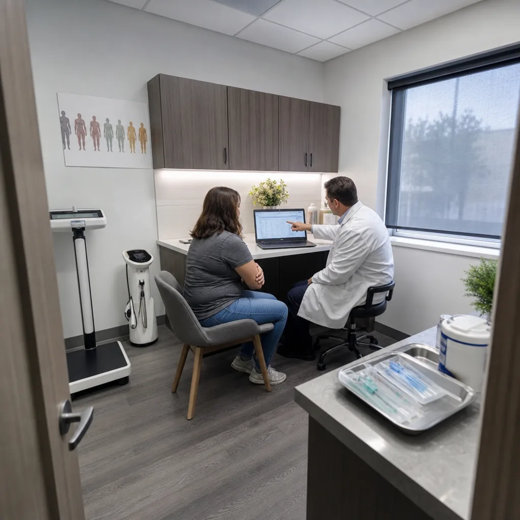 Physician reviewing lab results on a laptop with a patient during a medical weight loss consultation in Greenwood