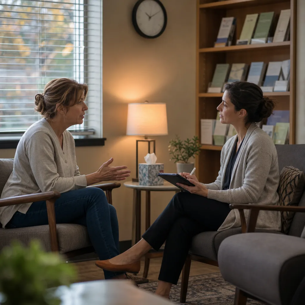 Patient talking with a clinician who takes notes on a tablet during a mental health counseling visit in a primary care office in Greenwood