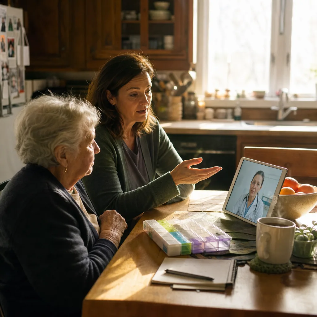 Older woman and a family caregiver on a telehealth video visit with a physician, with a weekly pill organizer on the kitchen table