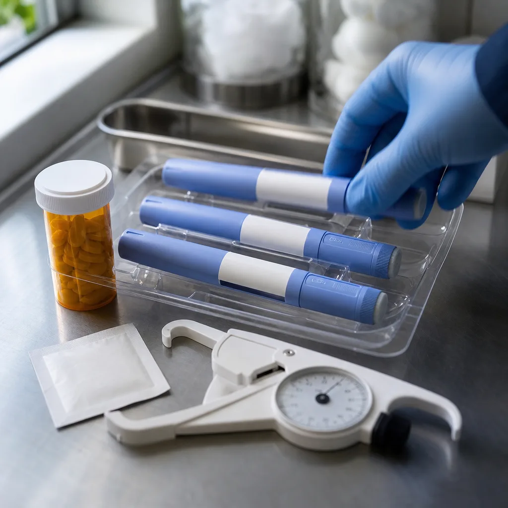Weight loss injection pens, a prescription pill bottle, and a skinfold caliper on a stainless steel counter at a physician-led weight loss practice in Greenwood