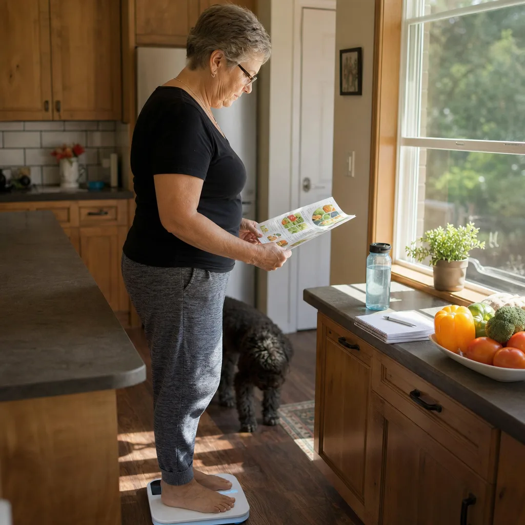 Woman standing on a home scale in her kitchen while reading a nutrition guide for weight management in Greenwood